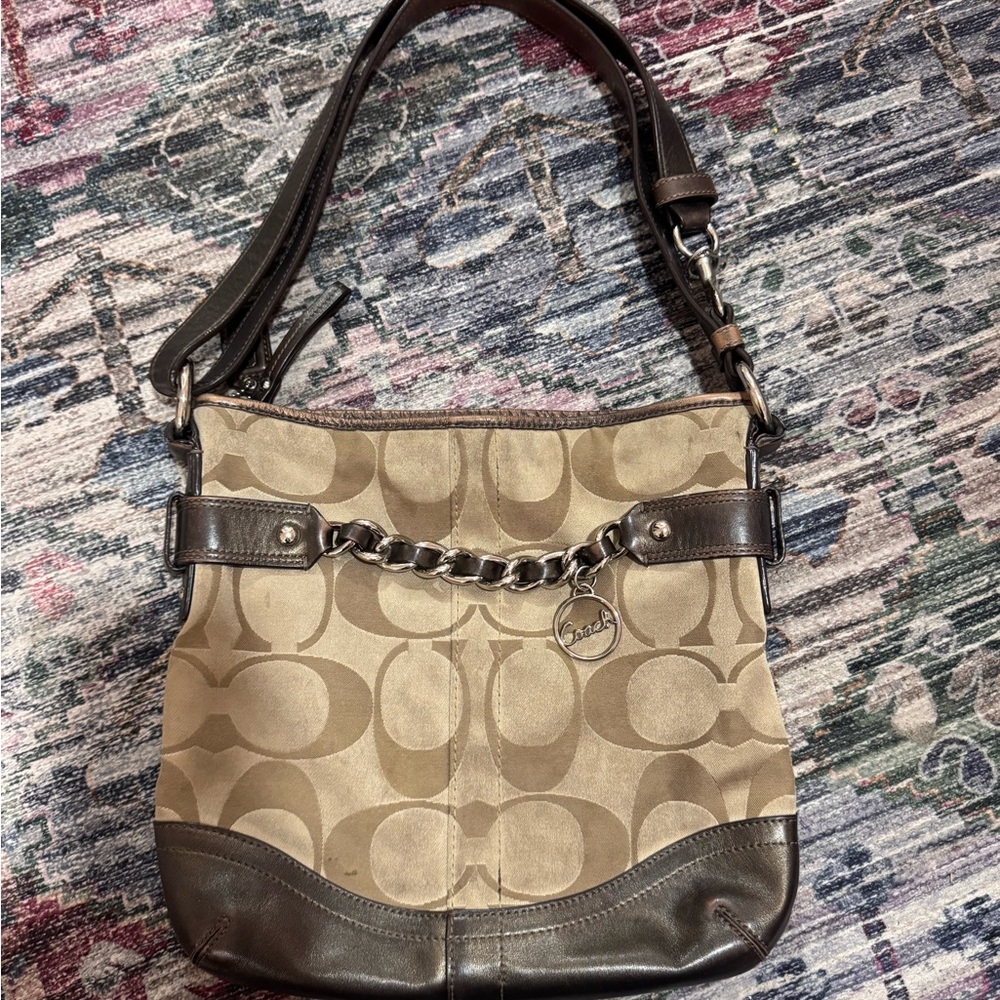 Coach Tan and Brown Chain Accent Shoulder Bag